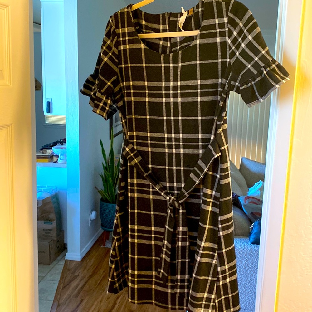Checkered ruffle sleeves black and white knee length dress